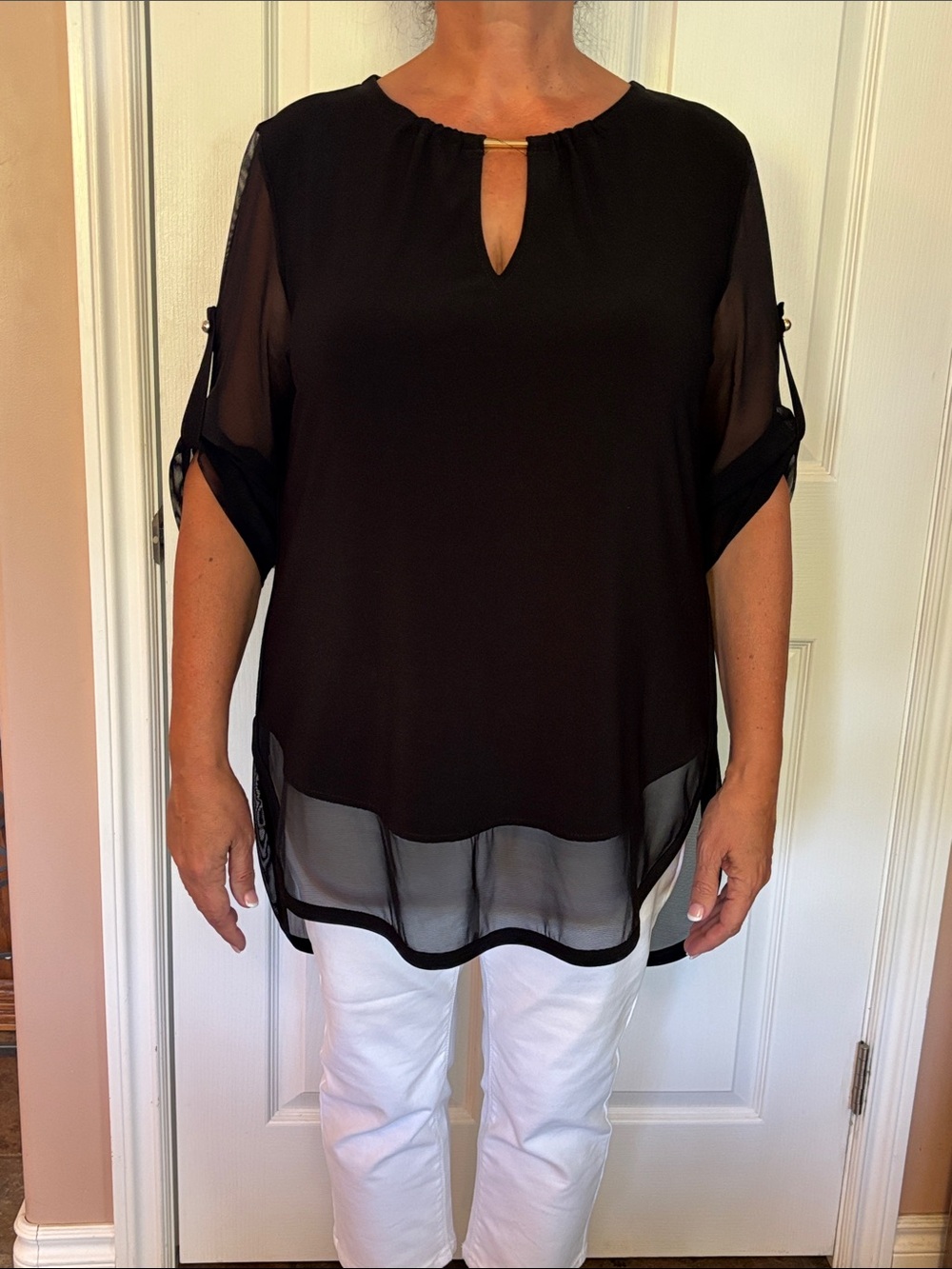 Joseph Ribkoff Black Sheer Overlay Tunic with Keyhole